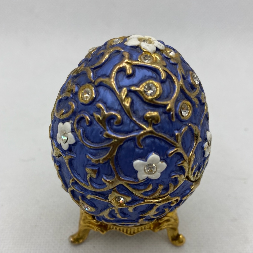 Rucinni Blue and Gold Decorative Egg with Floral Design Trinket Magnetic Close